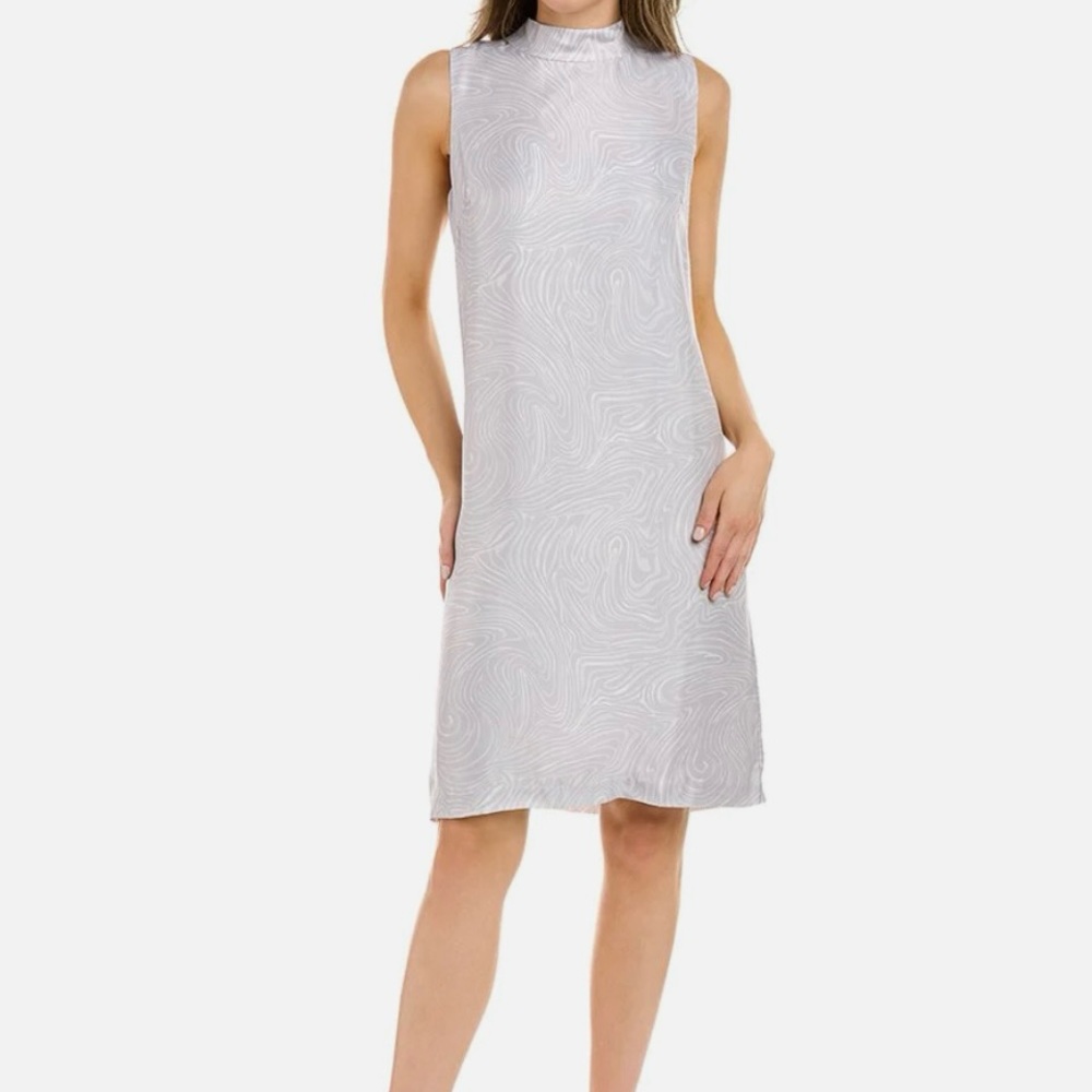 J McLaughlin sheath dress. Light grey with a swirl pattern.